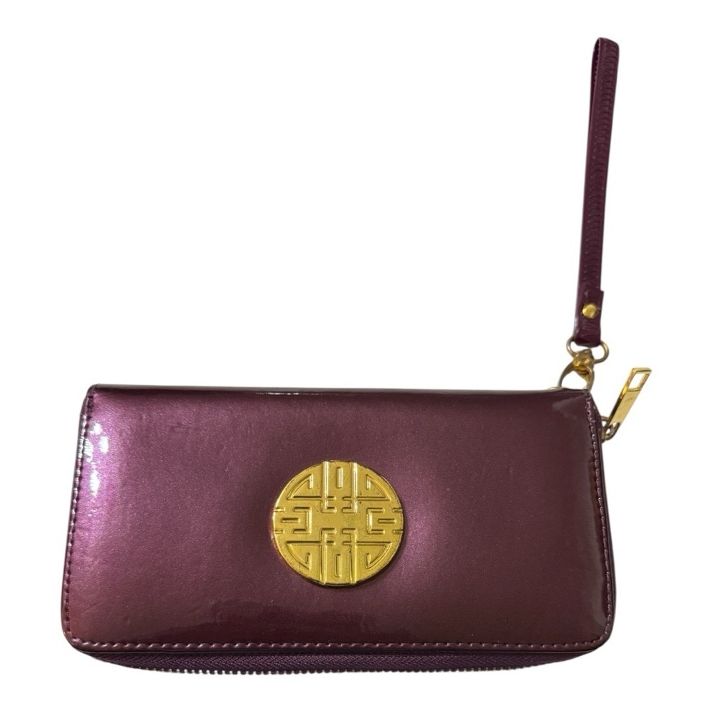 Metallic Plum Zip-Around Wristlet Wallet with Gold Medallion